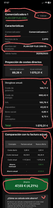Pantalla de detalle de oferta anotada en la revision heuristica
